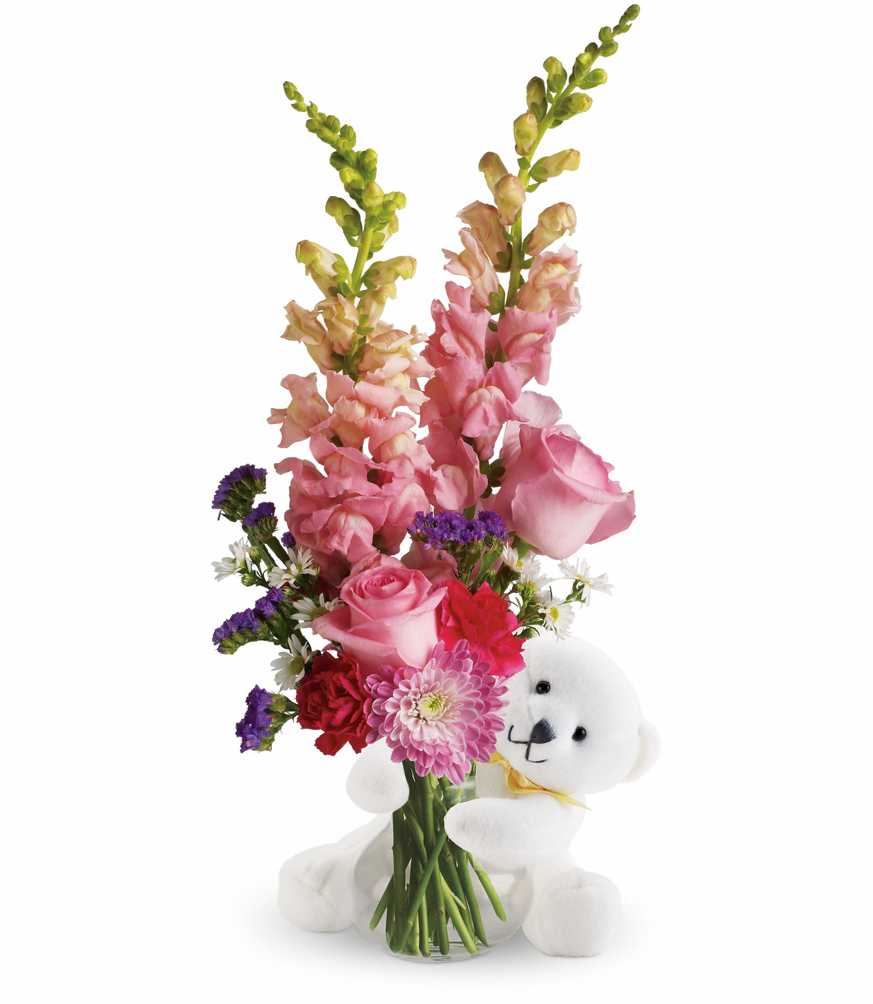 Teleflora's Bear Hug Bear with Pink Roses - Send Teleflora's adorable little bear with enchanting flowers, and someone special will think you're just as sweet as can be. 