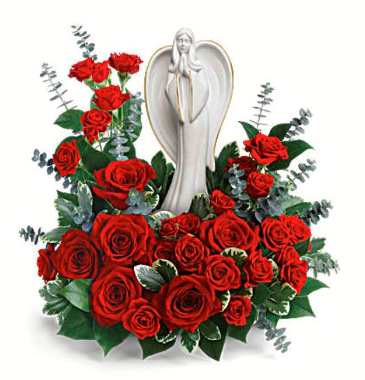 Forever Our Angel - Elegant and emotional, this touching arrangement of rich red roses with delicate greens surrounds a peaceful porcelain angel sculpture keepsake.  •This radiant bouquet includes red roses, red spray roses, spiral eucalyptus, variegated pittosporum, and lemon leaf.  •Delivered with Teleflora's Angel of Grace Keepsake.  •Orientation: One-Sided 