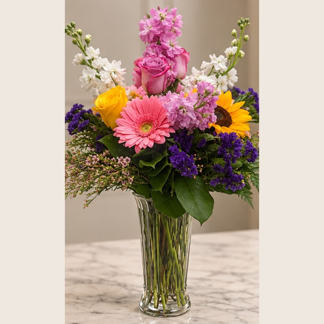 Mixed bouquet of pink, yellow, white, and purple flowers in a clear glass vase