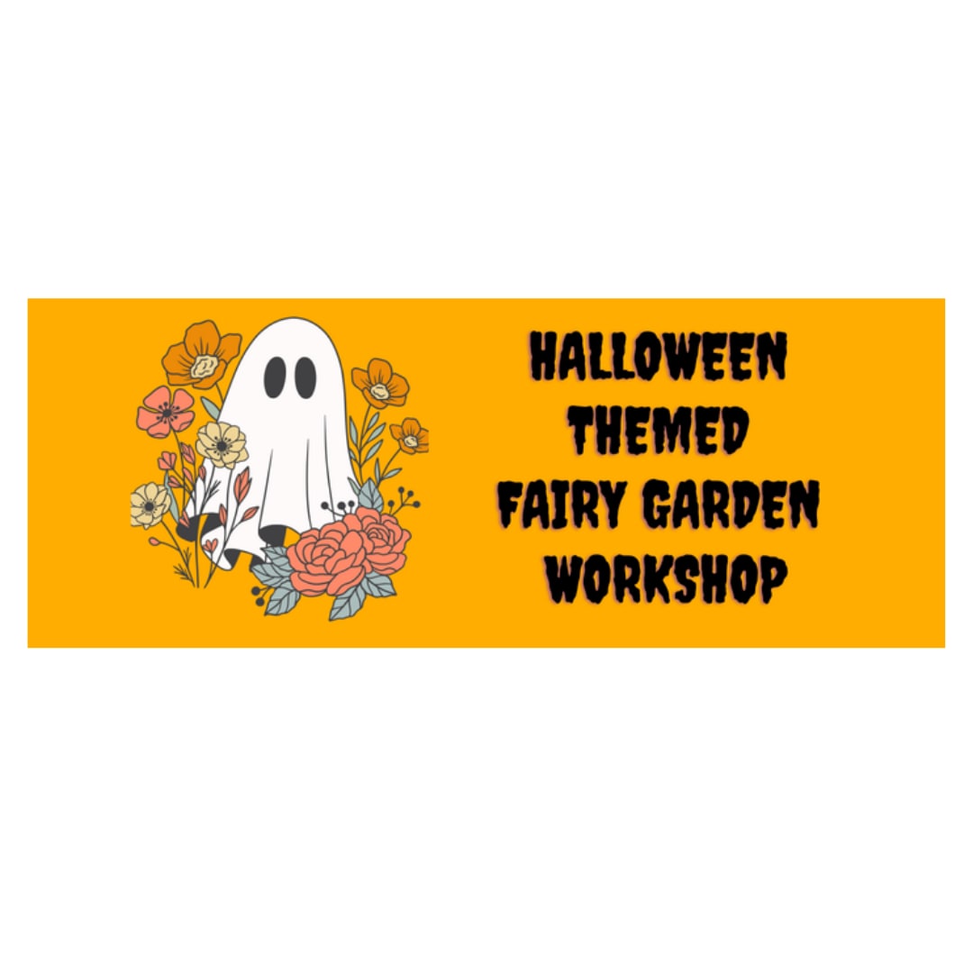Halloween-themed workshop graphic with a ghost and flowers on an orange background