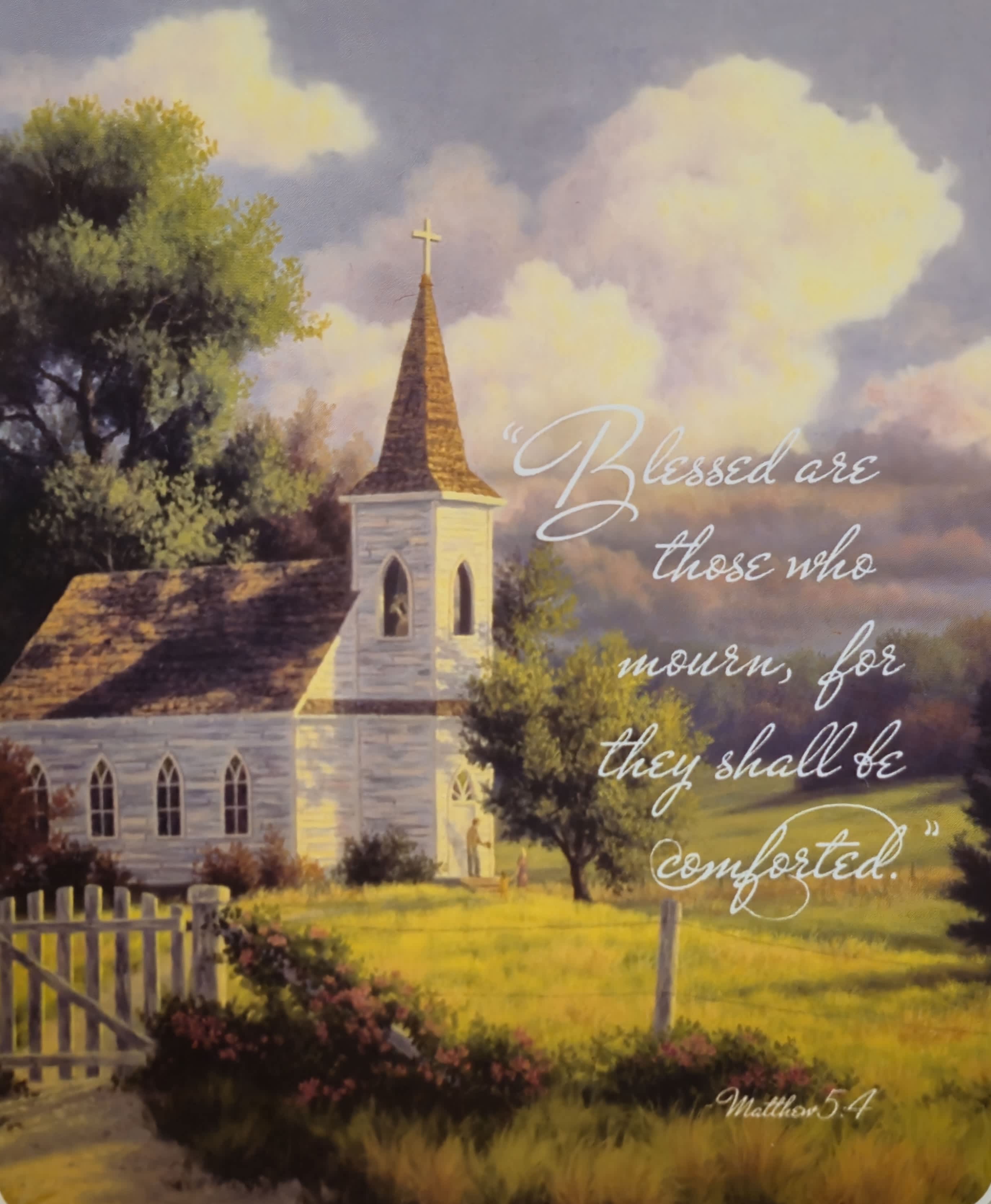 Painting of a white church with a steeple and a Bible verse about comfort