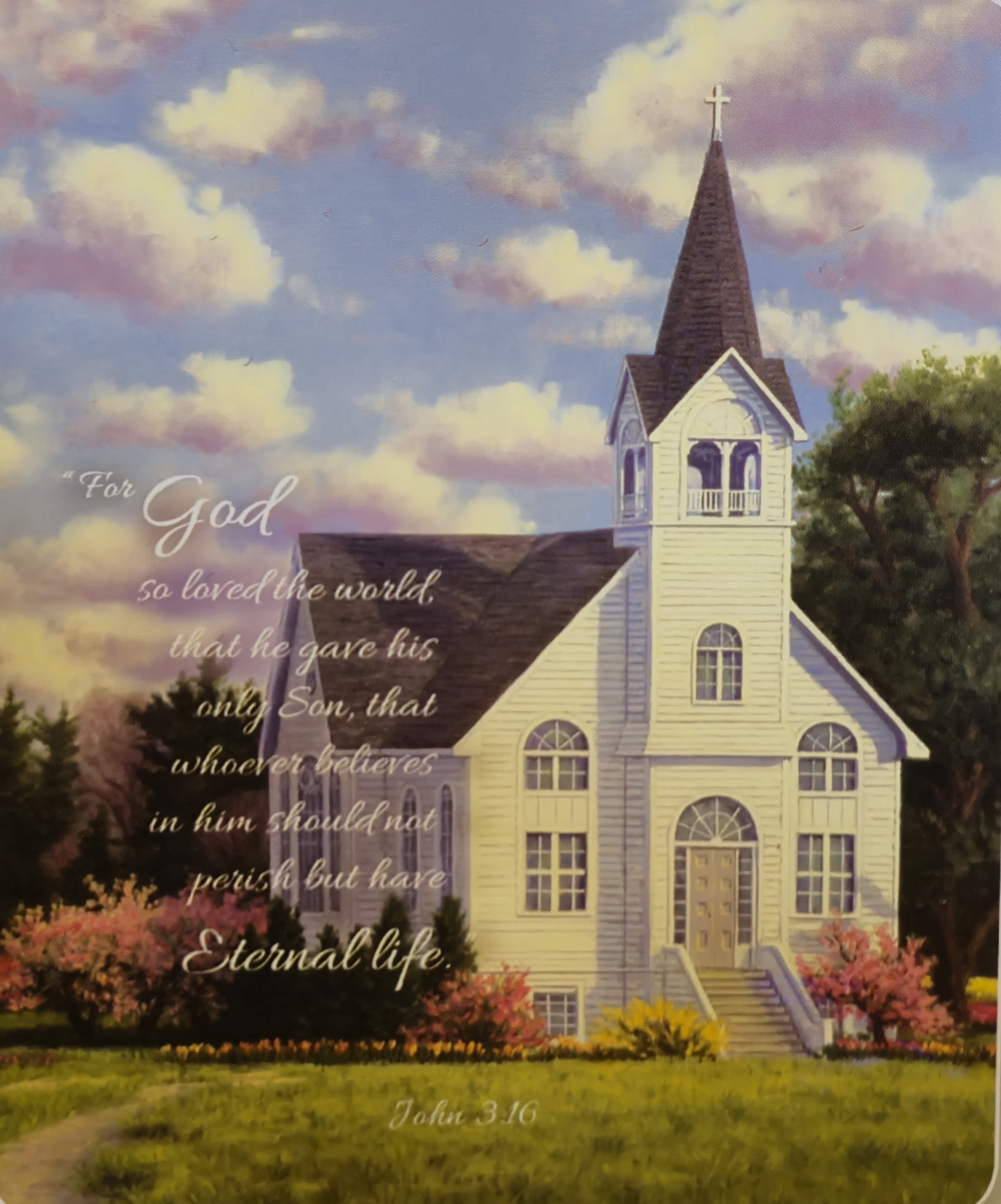 A church building under a cloudy sky with a Bible verse overlaid.