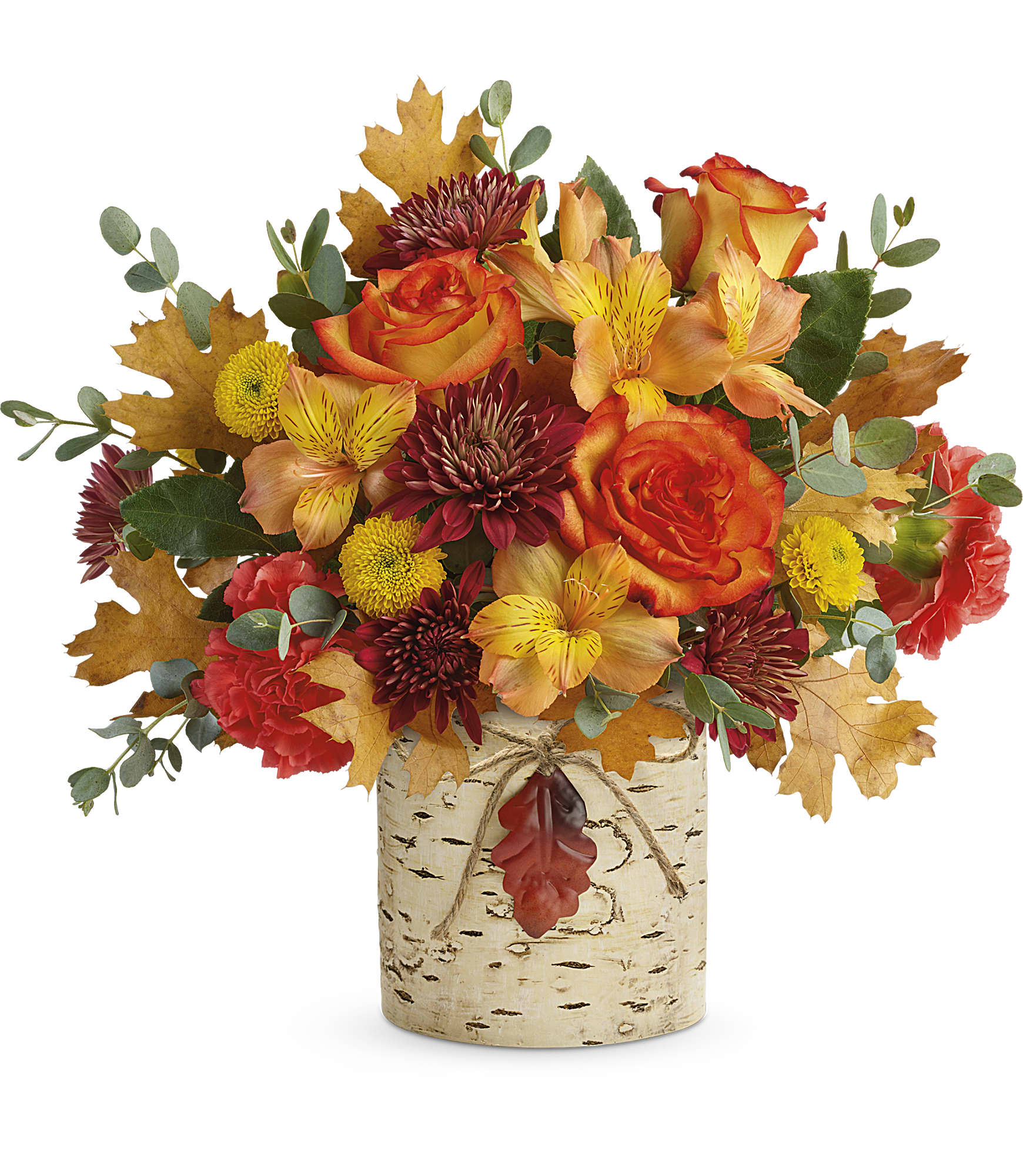 Autumn bouquet of orange roses, alstroemeria, and mums in a birch vase