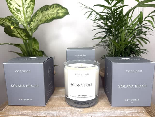 Soy candle in a glass jar with two matching boxes and potted plants behind it