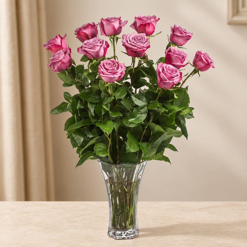 Pink roses arranged in a clear glass vase