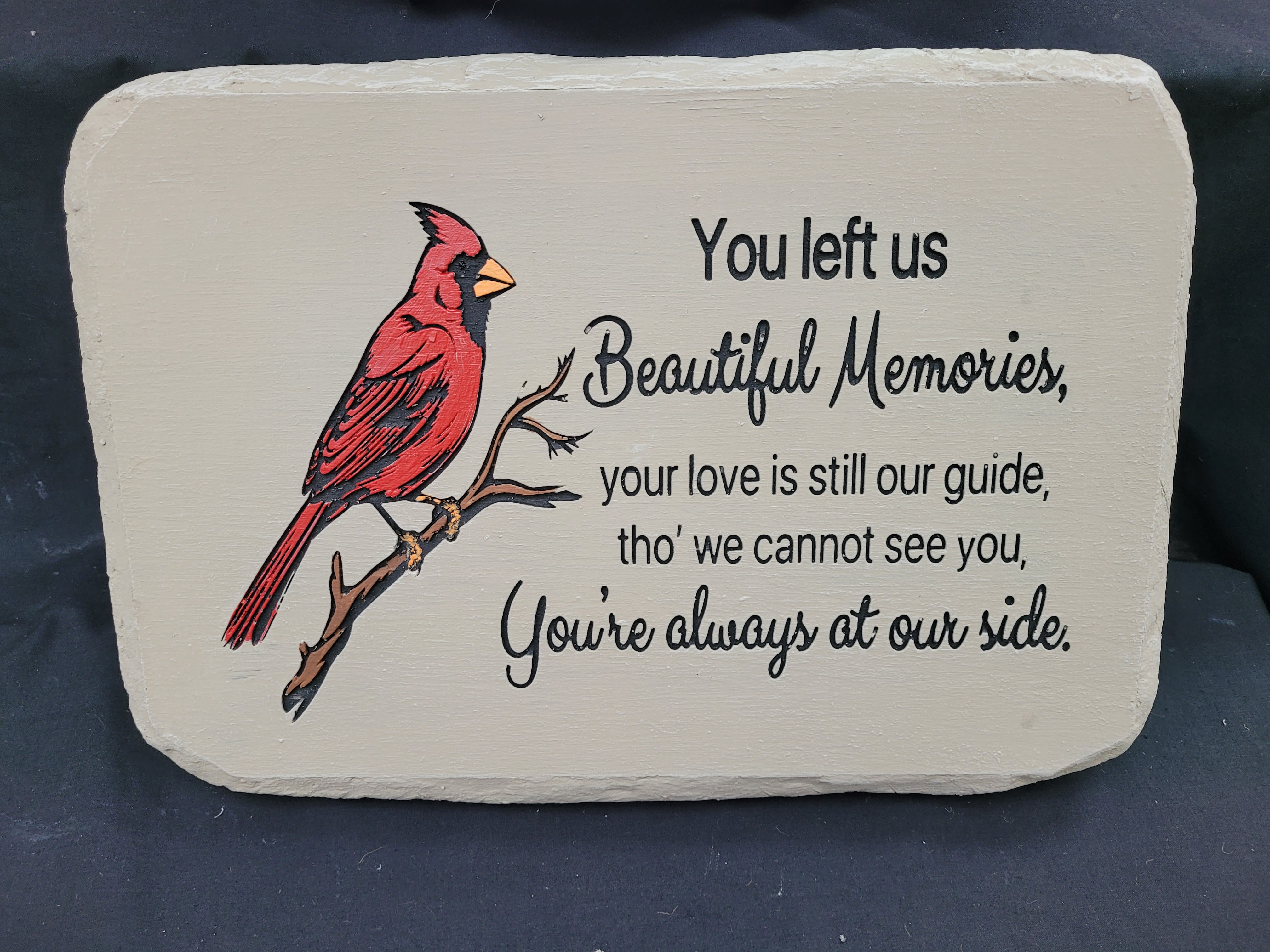"You Left Us" Concrete Cardinal Stone with Easel - 14"x10" concrete stone with cardinal detail