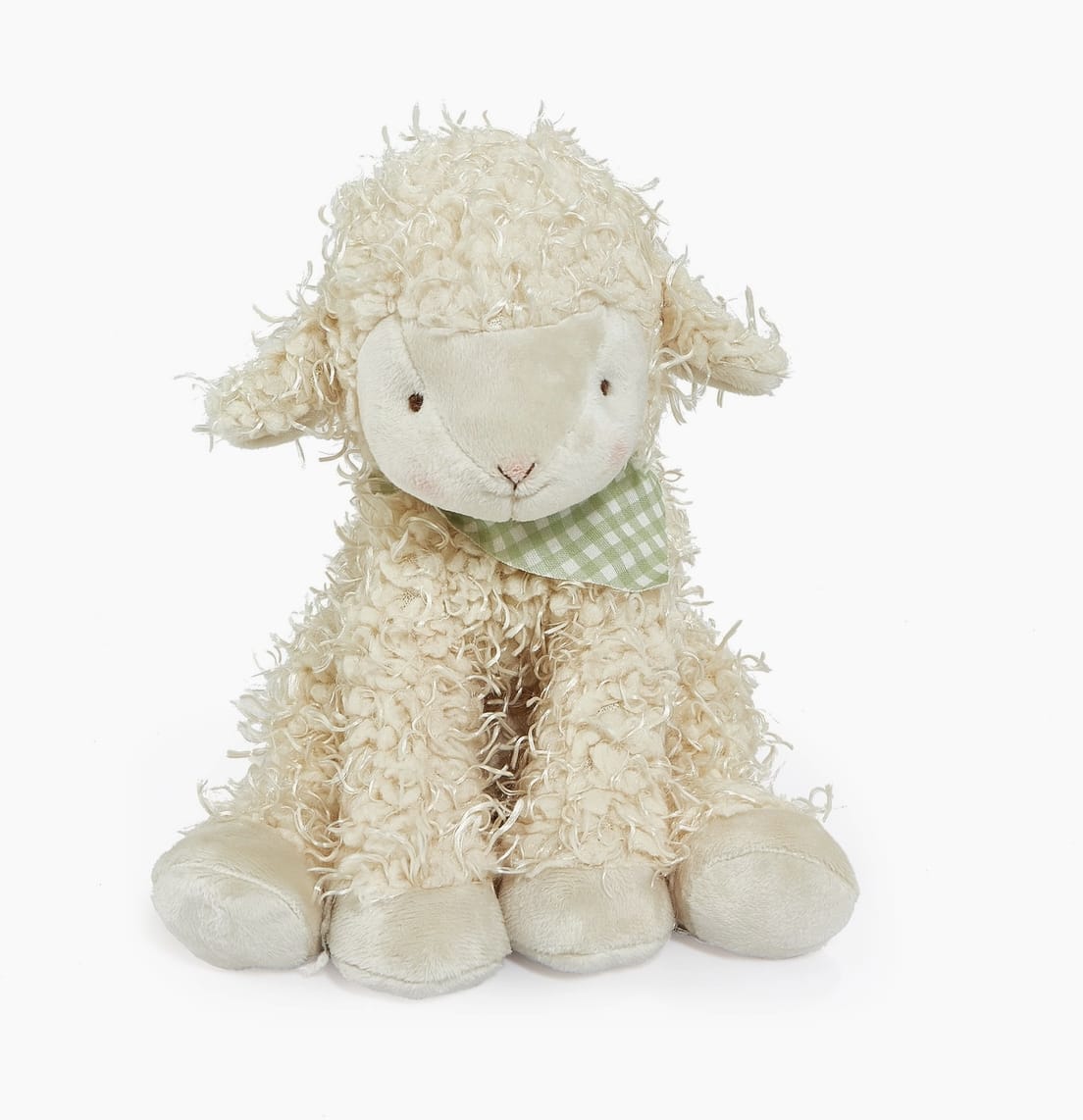 Cream plush lamb with a green checkered bandana