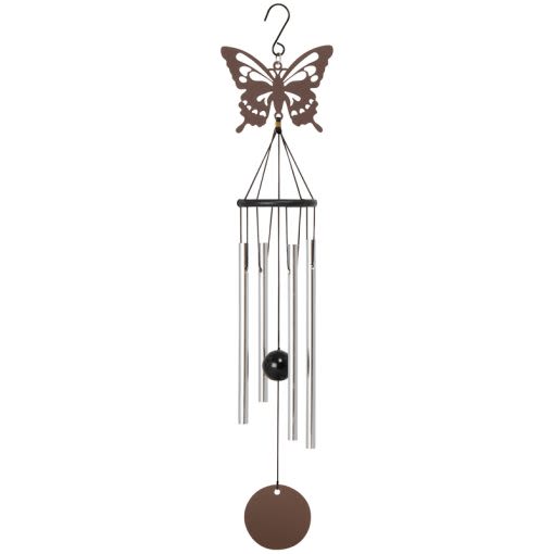 Butterfly wind chime with metal tubes and a round hanging disk
