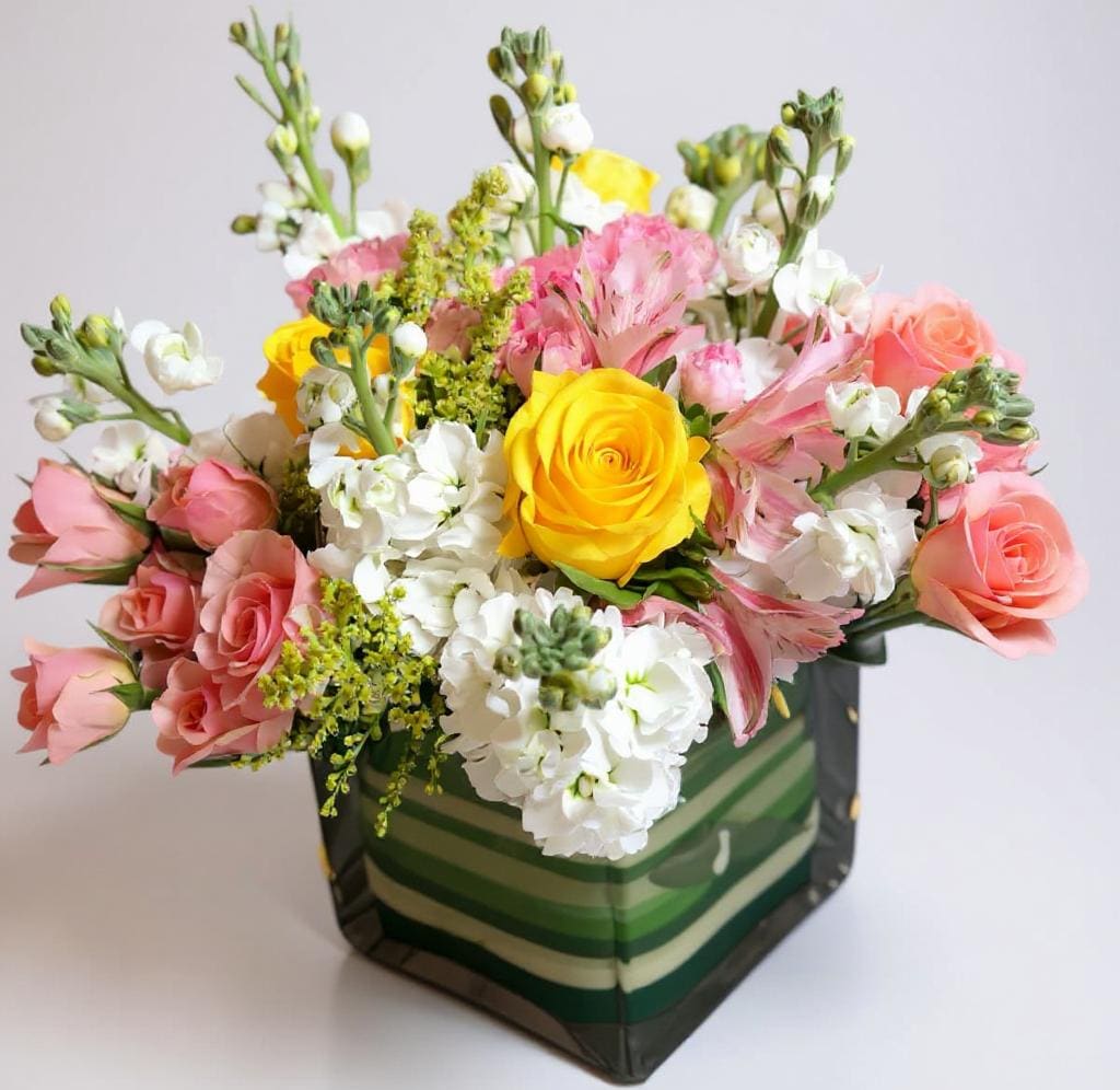 Mixed bouquet of pink, white, and yellow flowers in a striped square box