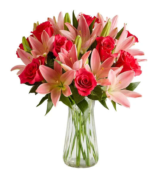 Pink lilies and red roses arranged in a clear glass vase