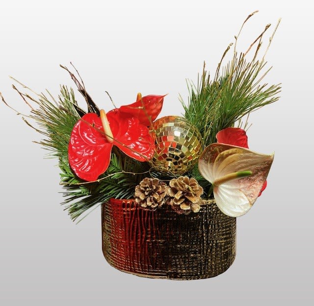 Holiday arrangement with red anthuriums, pine, pinecones, and a gold ornament in a textured container