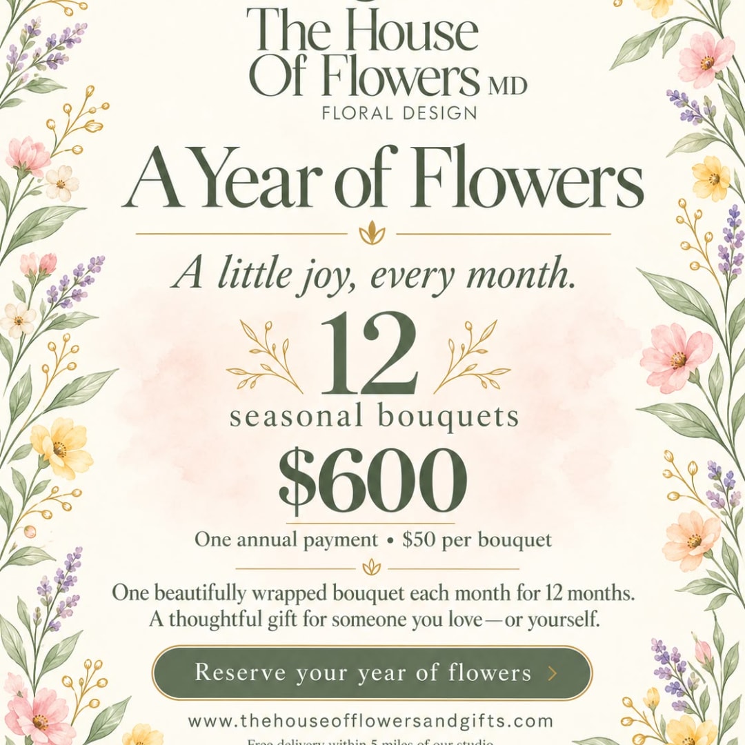 Promotional poster for a year of flowers subscription with floral border