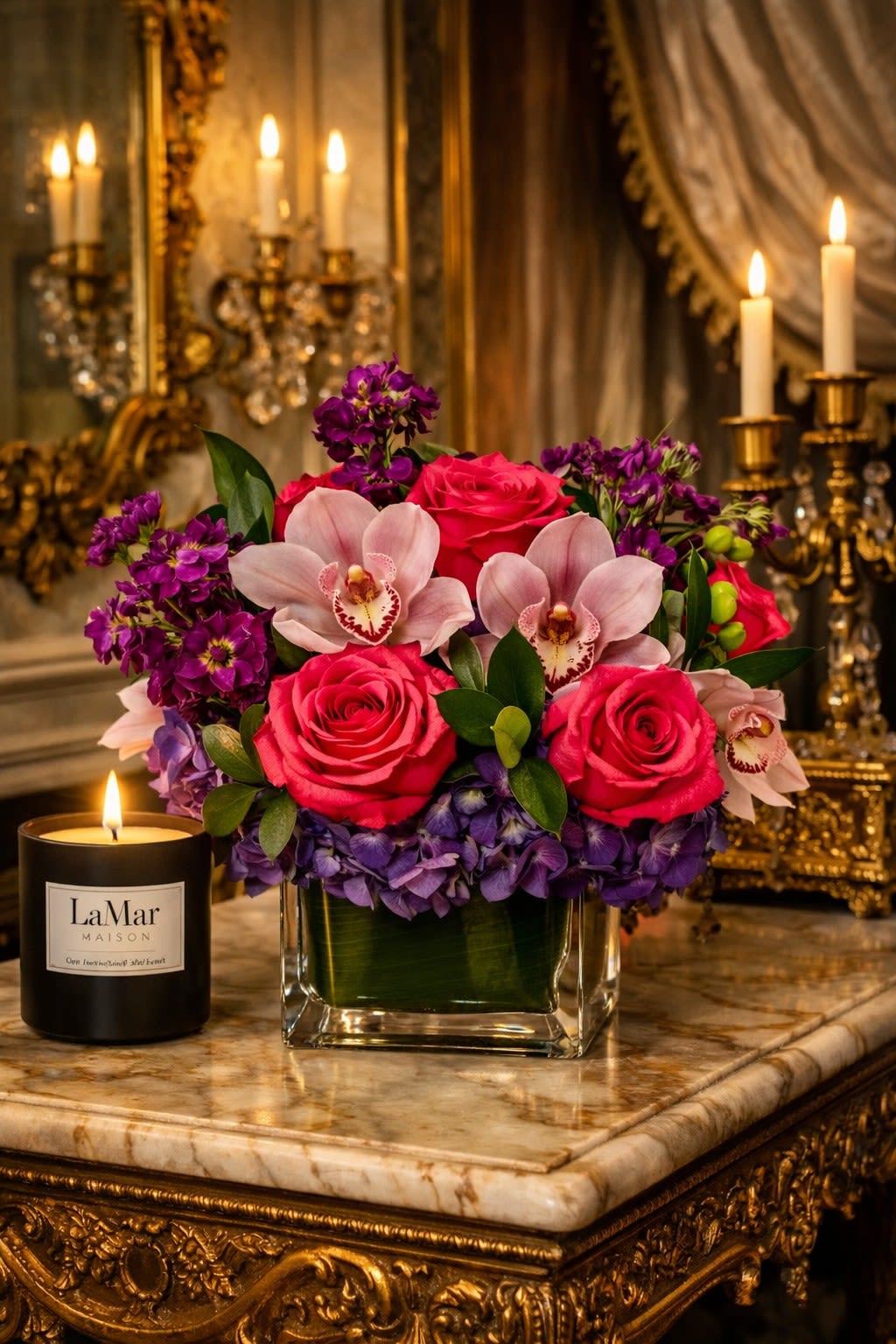 Coeur De Celours (Heart of Velvet) by LaMar Maison - Coeur De Velours (Heart of Velvet) radiates vibancy and modern French elegance.  The interplay of pink roses, magenta orchids, and deep purple blooms feels like a couture palette straight from a Paris atelier.