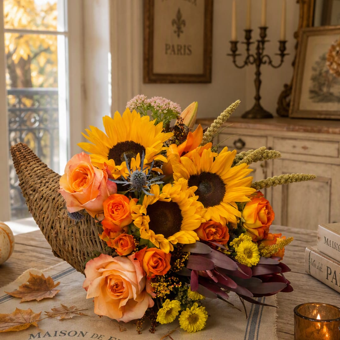 Autumn bouquet with sunflowers and orange roses in a woven basket