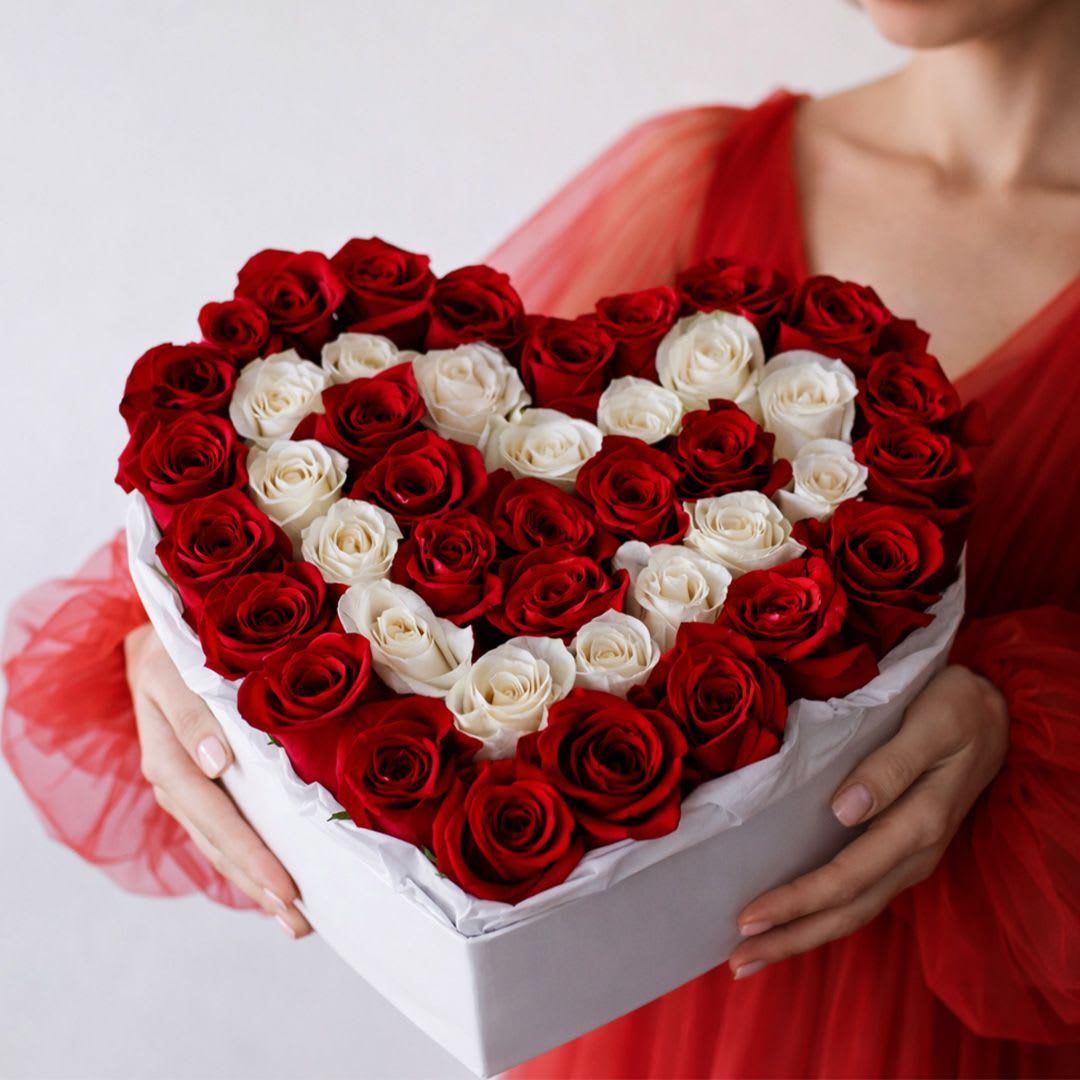 Heart of Devotion - Heart of Devotion is a striking heart-shaped arrangement crafted with premium red and white roses. Passionate red roses form a bold frame, while soft white roses create a luminous center, symbolizing unity, loyalty, and pure love.  This elegant design makes a powerful romantic statement and is perfect for anniversaries, Valentine’s Day, proposals, or any moment when words are not enough. Arranged in a heart box for a refined and modern presentation, it is designed to impress from every angle.