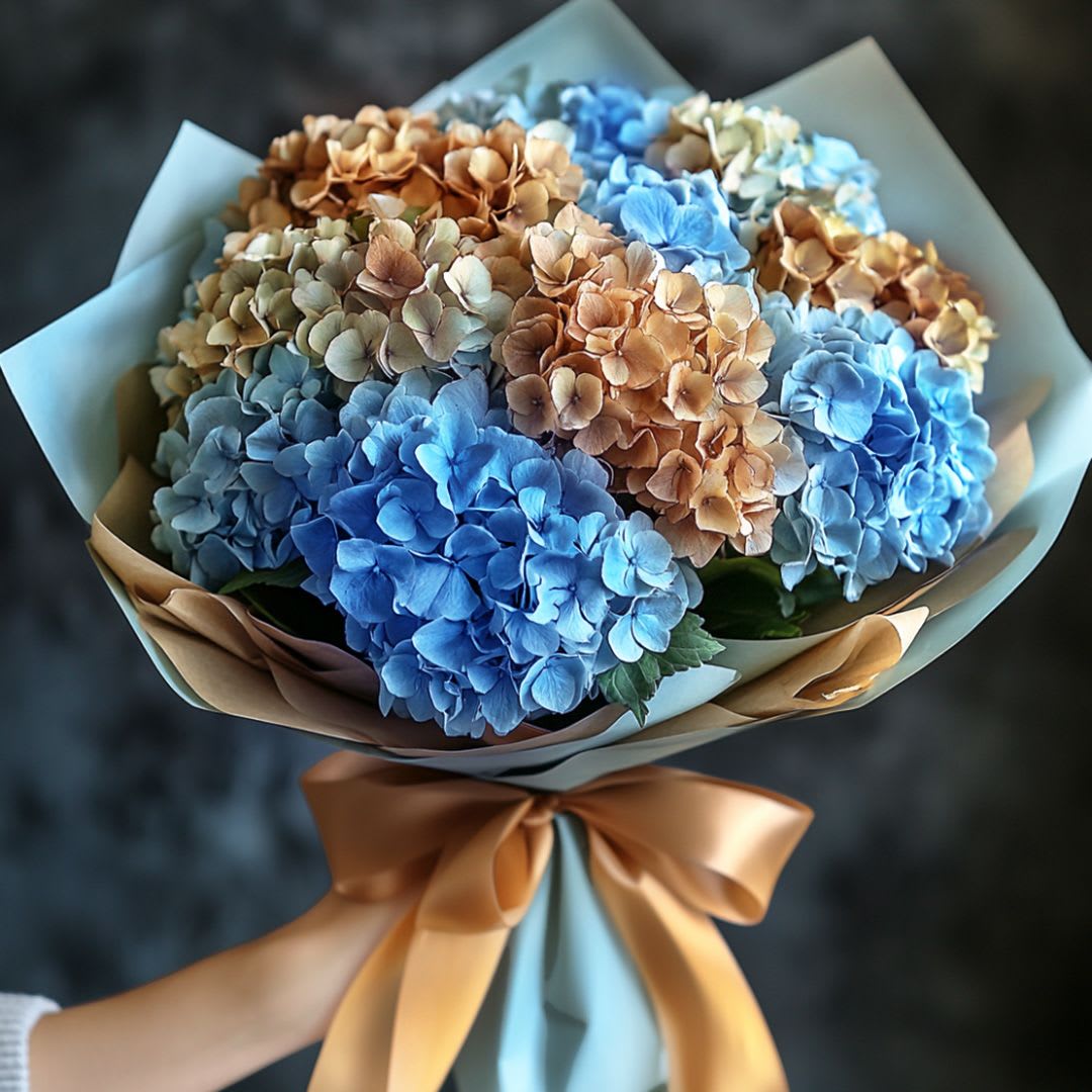 Bouquet of blue and tan hydrangeas wrapped in pale paper with a satin bow