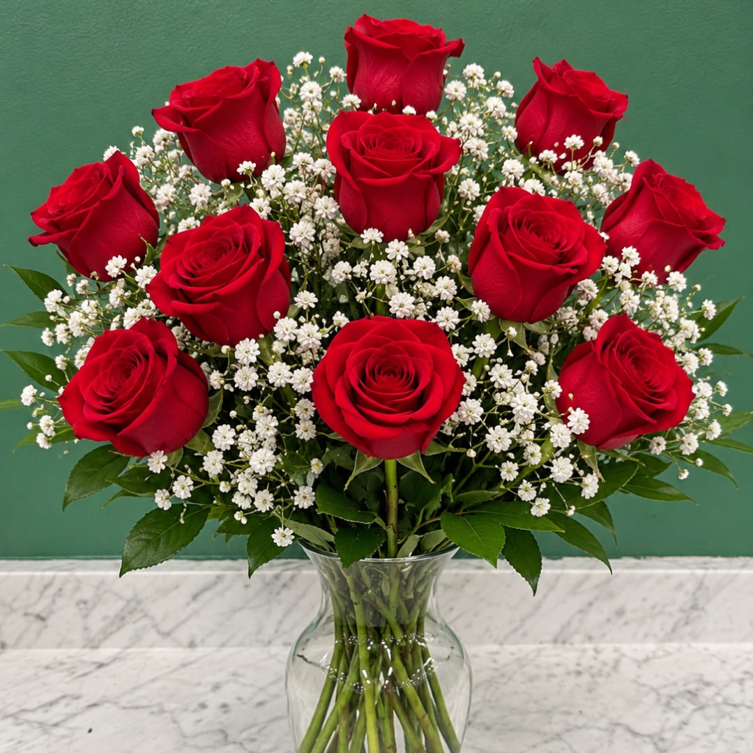 Red roses and white baby's breath in a clear glass vase