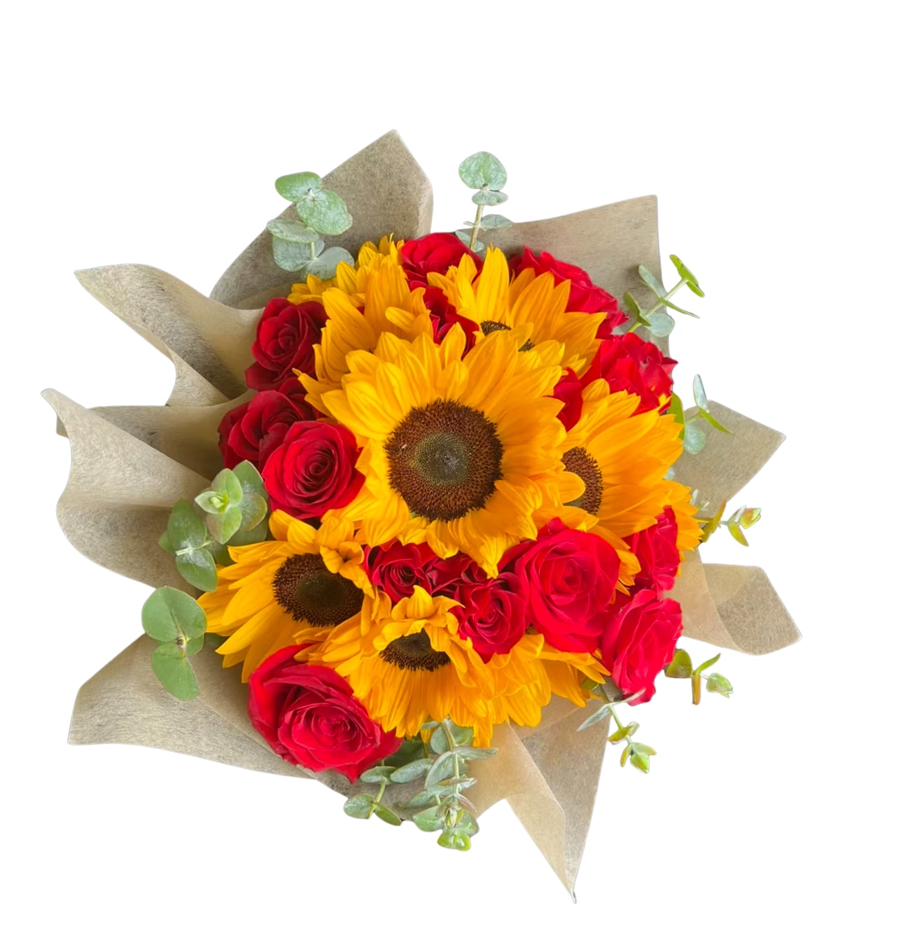 Sunflower Paradise Bouquet   by D'Lily's Flowers  - A stunning sunflower and rose bouquet bring romance and joy to your loved one.  Disclaimer: This is a wrapped bouquet. No Vase is Included. 
