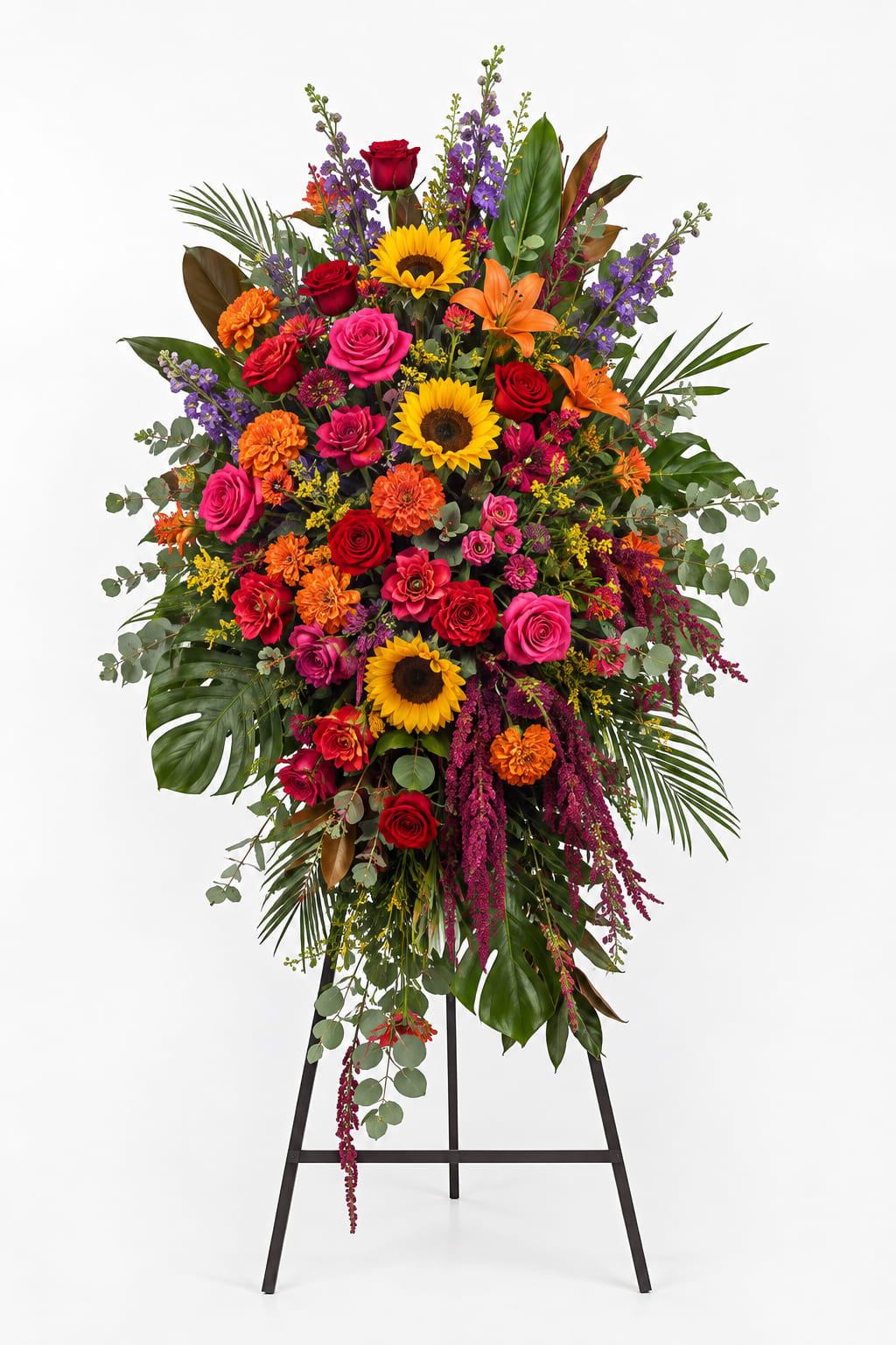 Tall standing floral spray with roses, sunflowers, lilies, and mixed blooms