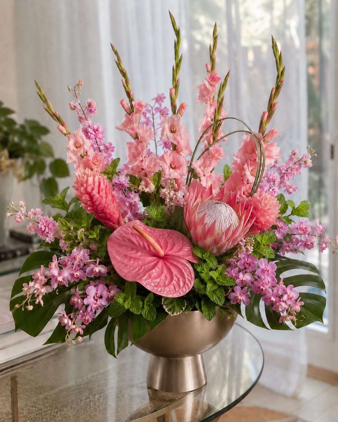 Pink tropical floral arrangement in a gold pedestal vase