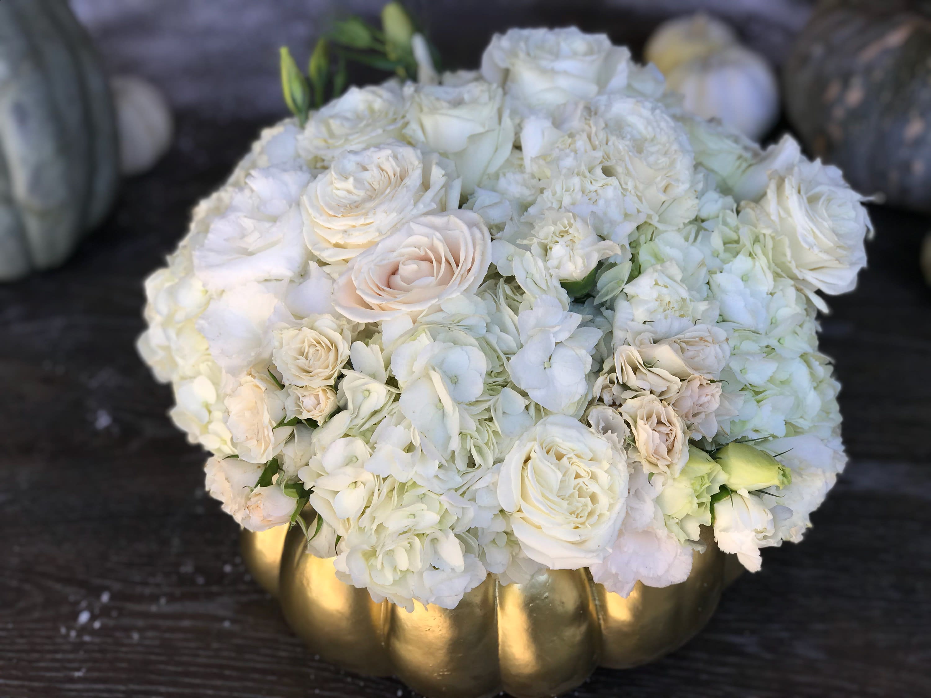 Golden Pumpkin  - Gorgeous fresh 18k gold pumpkin filled with chic white garden roses, premium hydreangea and other accents that will bring a stylist feel to your fall season.   