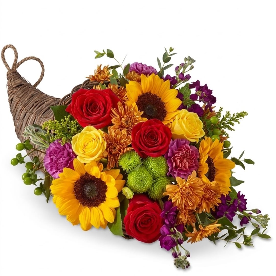 Colorful flower arrangement in a woven basket shaped like a bird