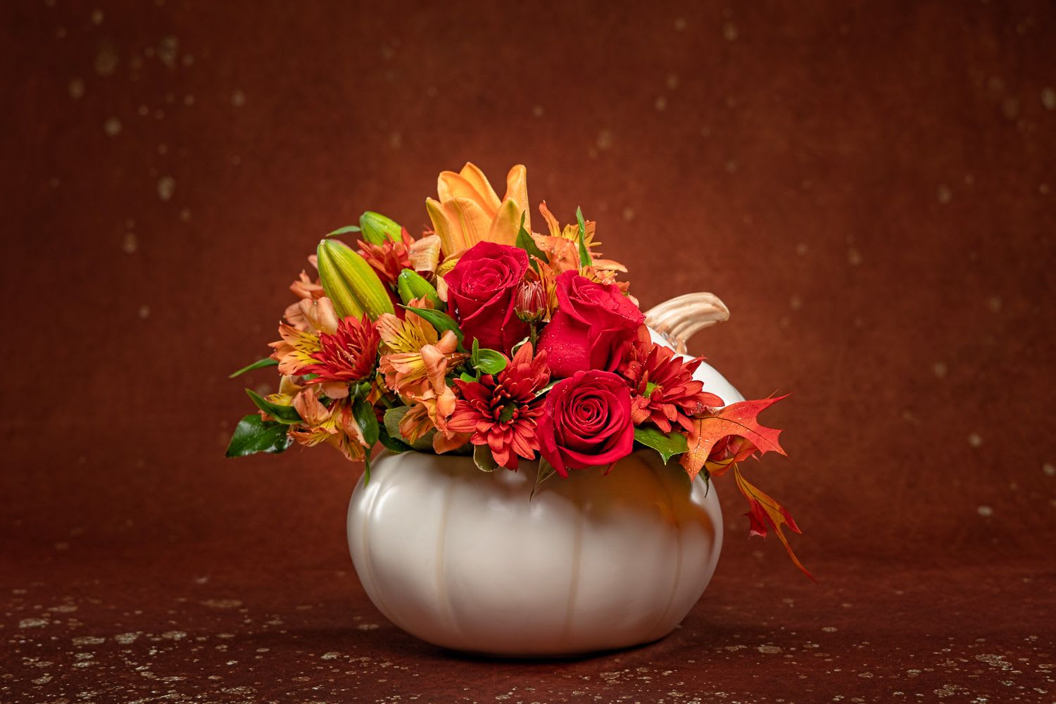 Enchanted Harvest White Pumpkin - Add a touch of enchantment to your fall gatherings with this magnificent mix of autumnal roses and mums, gathered in a white ceramic pumpkin that's sure to be an annual décor favorite! Red roses, orange alstroemeria, miniature maroon carnations, and yellow viking daisy spray chrysanthemums are accented with white waxflower, red cottage yarrow, huckleberry, grevillea, brown copper beech, and yellow preserved oak leaves.    Enchanted Harvest Pumpkin. Orientation: All-Around