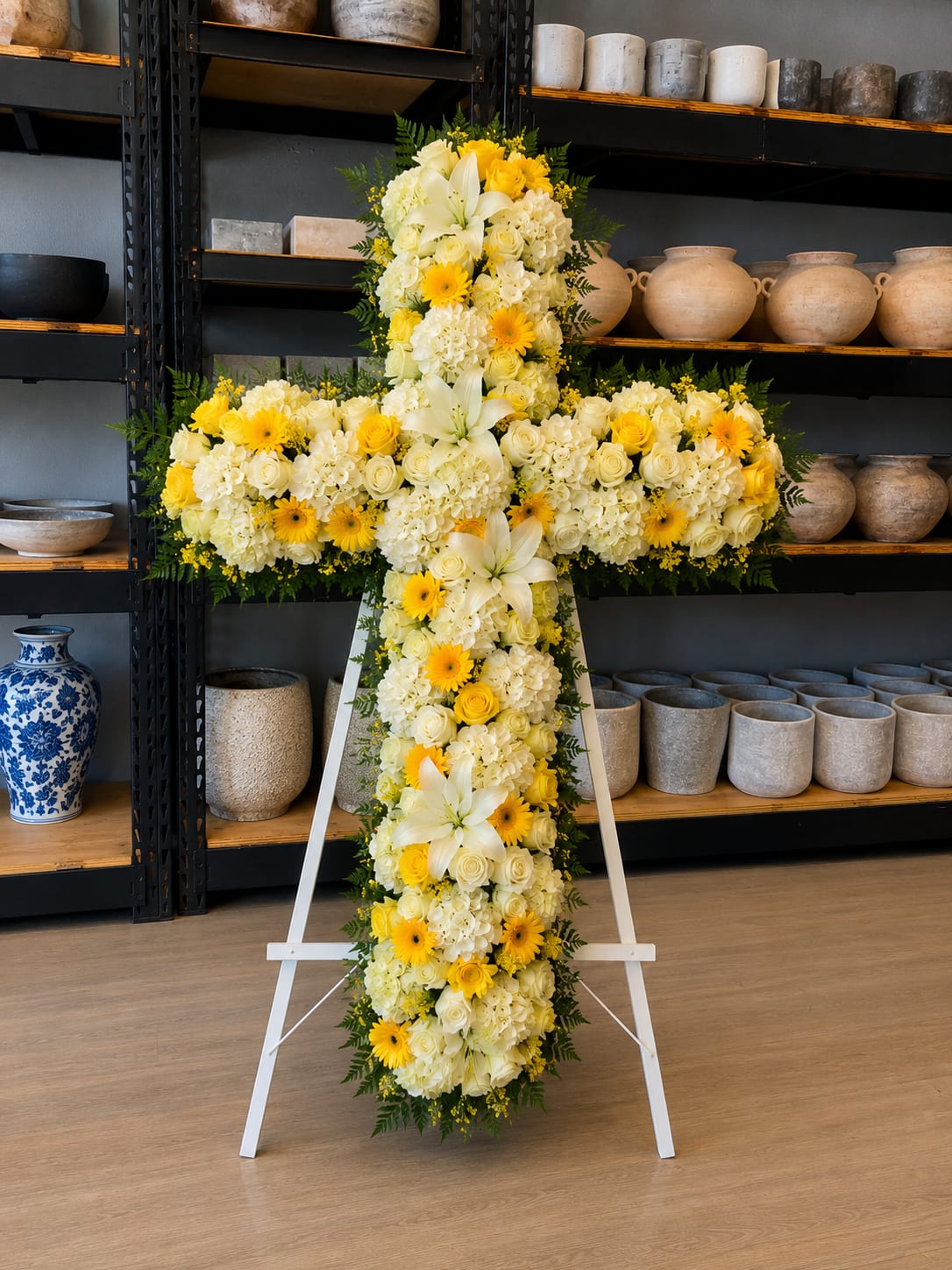 Yellow and white floral cross on a white stand