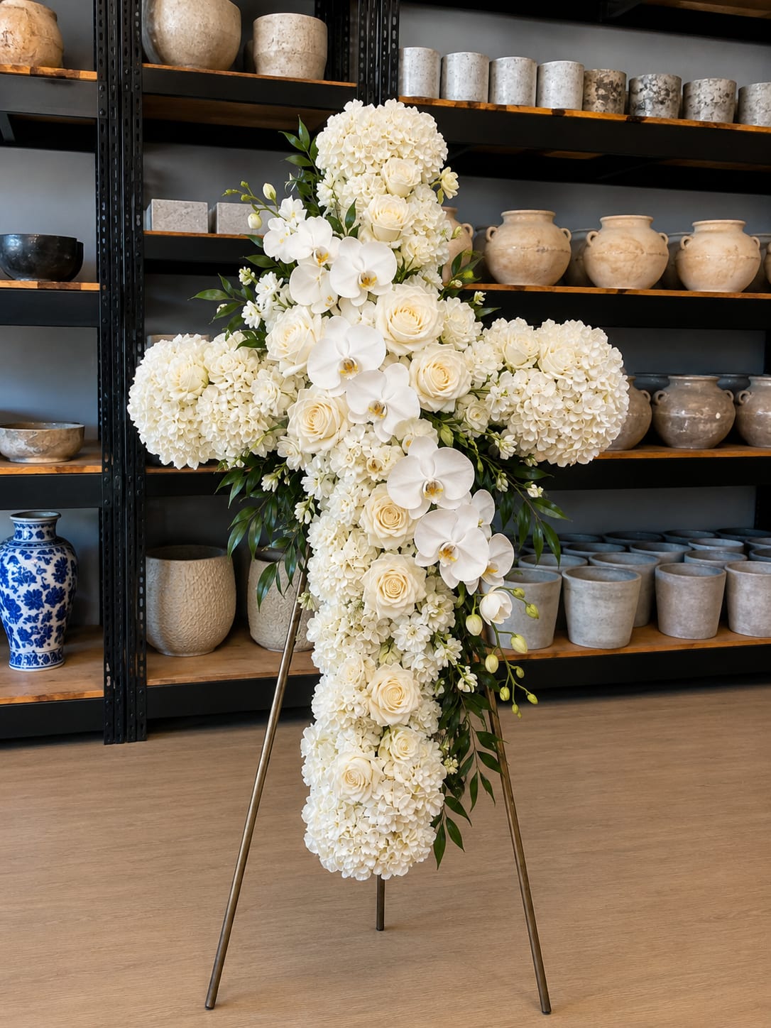 White floral cross arrangement on a stand with roses and orchids