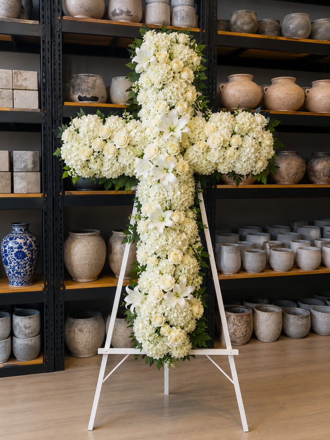 White floral cross on a white stand