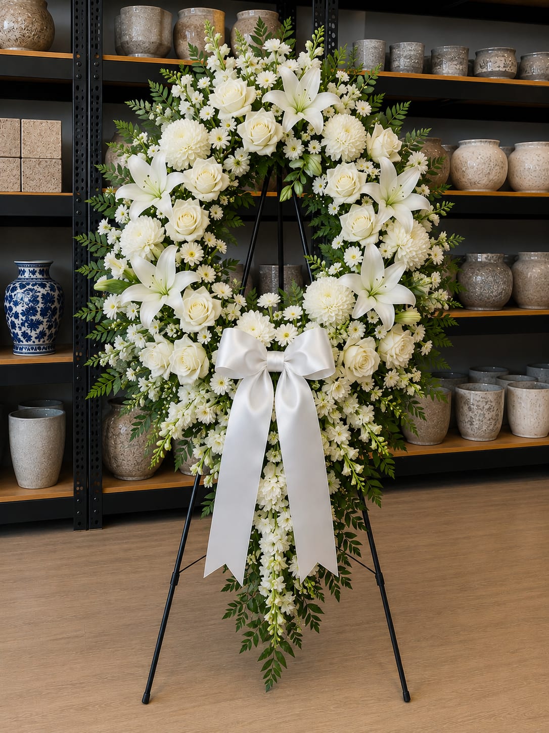 White floral standing wreath on an easel with a satin bow