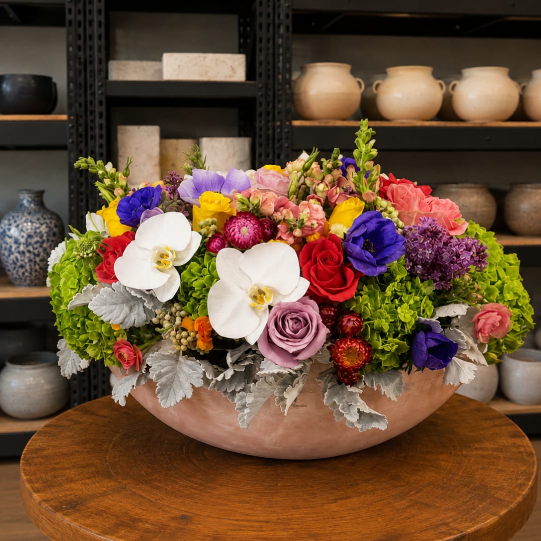 Colorful mixed flower arrangement in a shallow pink bowl vase