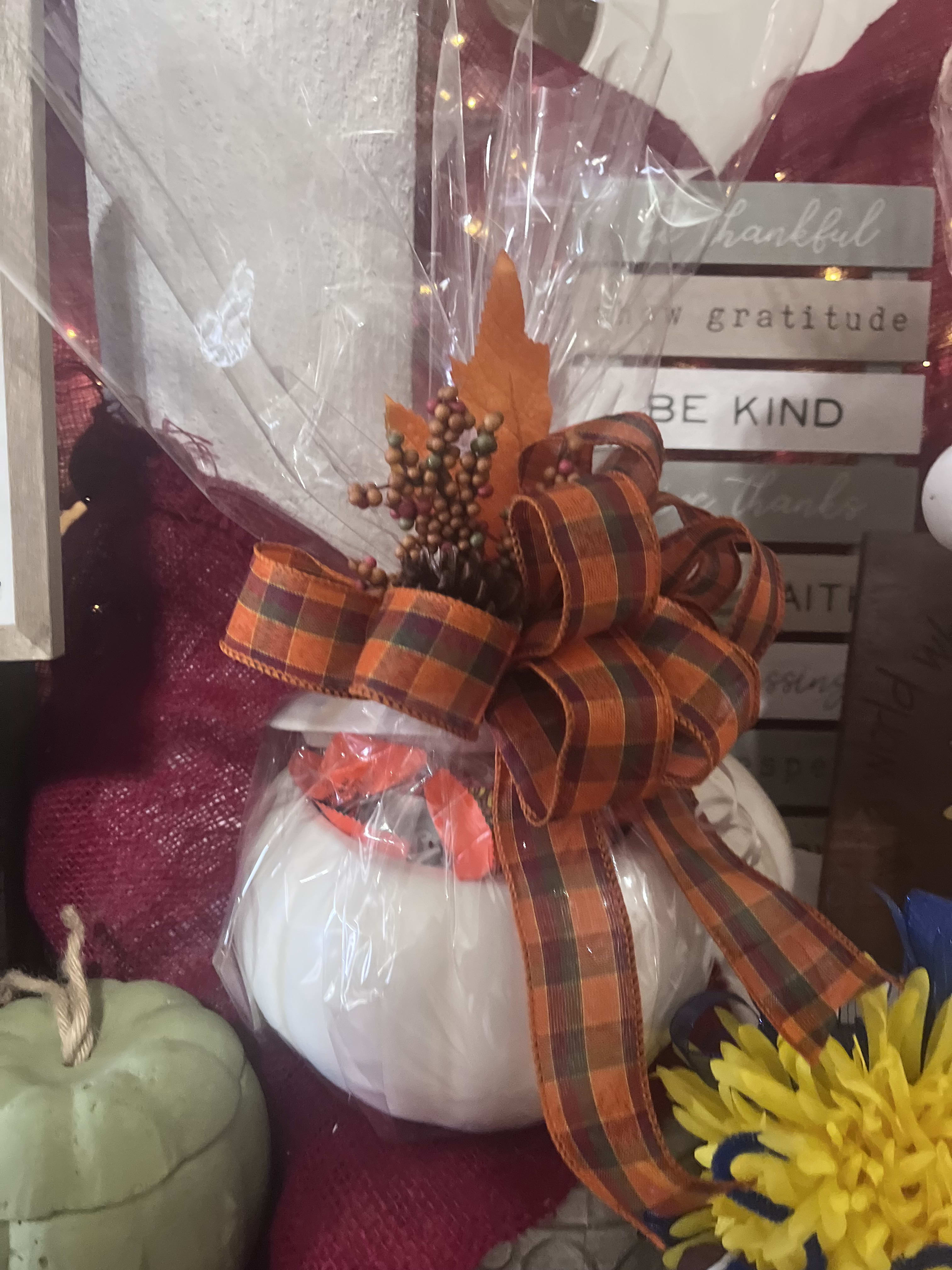 Creamy White Candy Pumpkin  - Plenty of chocolatey treats in our white Ceramic pumpkin , all wrapped up as a lovely and yummy gift!!