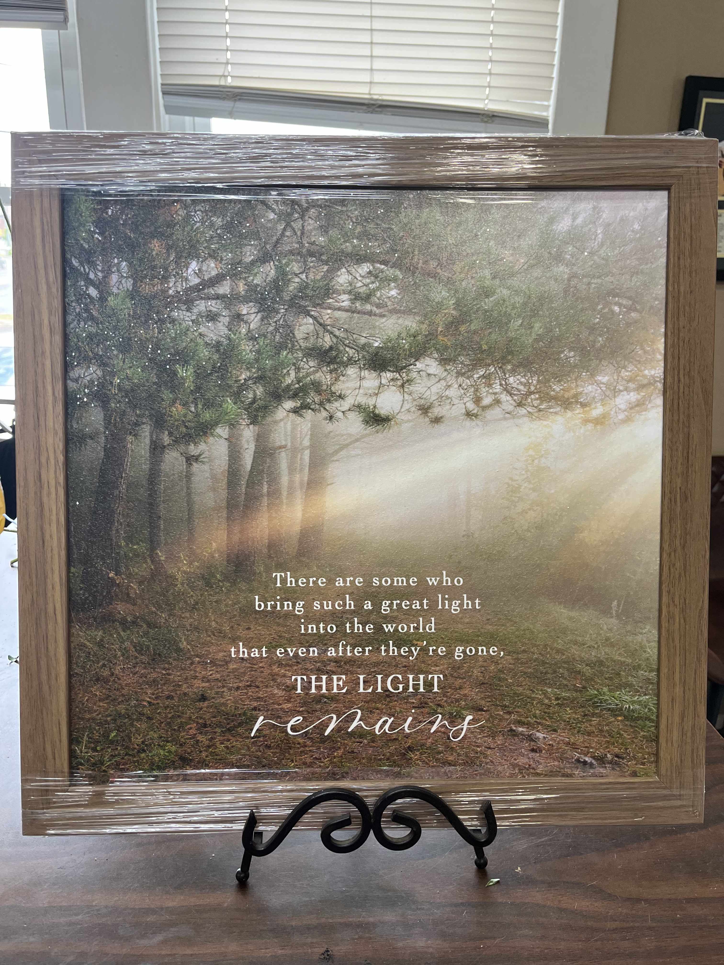 Framed memorial sign with a forest scene and the words "The light remains"