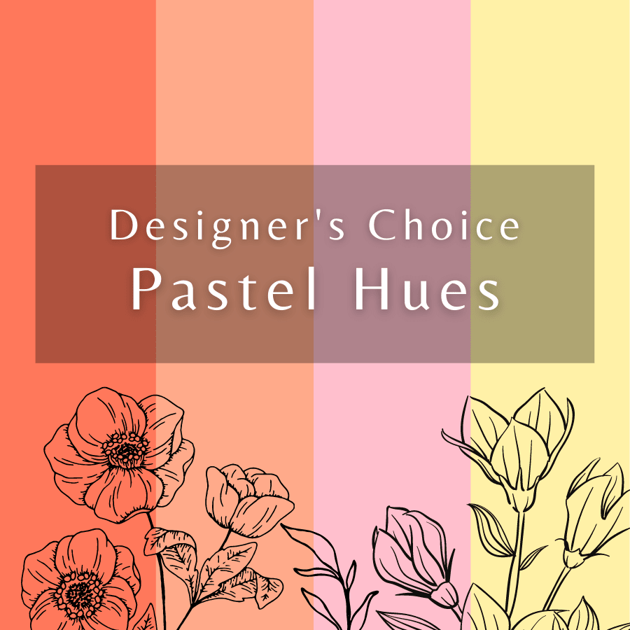 Pastel color blocks with the words "Designer’s Choice Pastel Hues" and flower line art