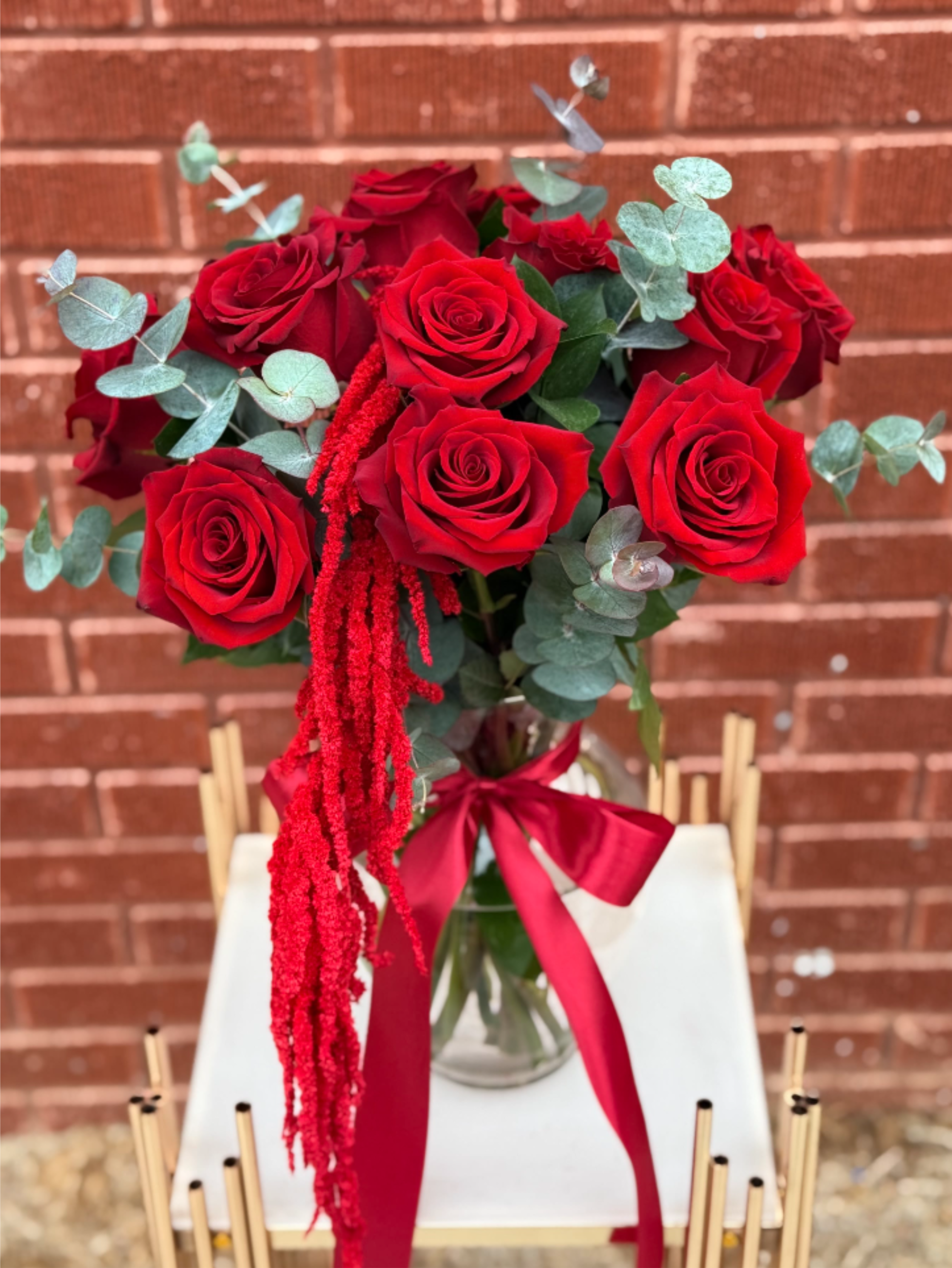 Dozen Red Roses with Amaranthus in a Vase.The photo shows the standard size. - The photo shows the standard size.