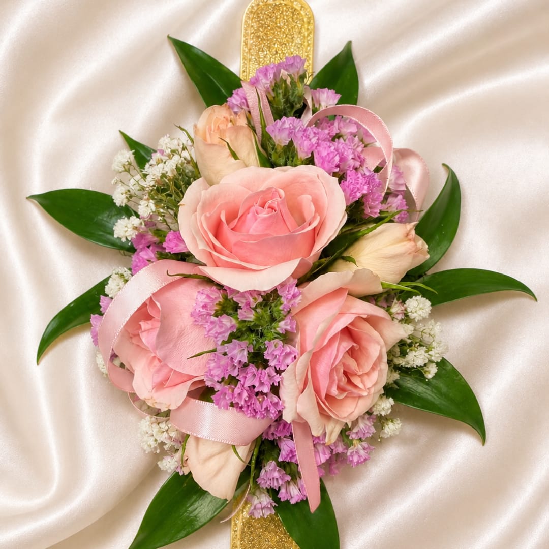 Pink rose bouquet with purple filler flowers and satin ribbon on a cream background