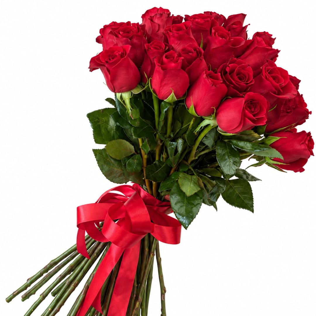 Bouquet of red roses tied with a red ribbon