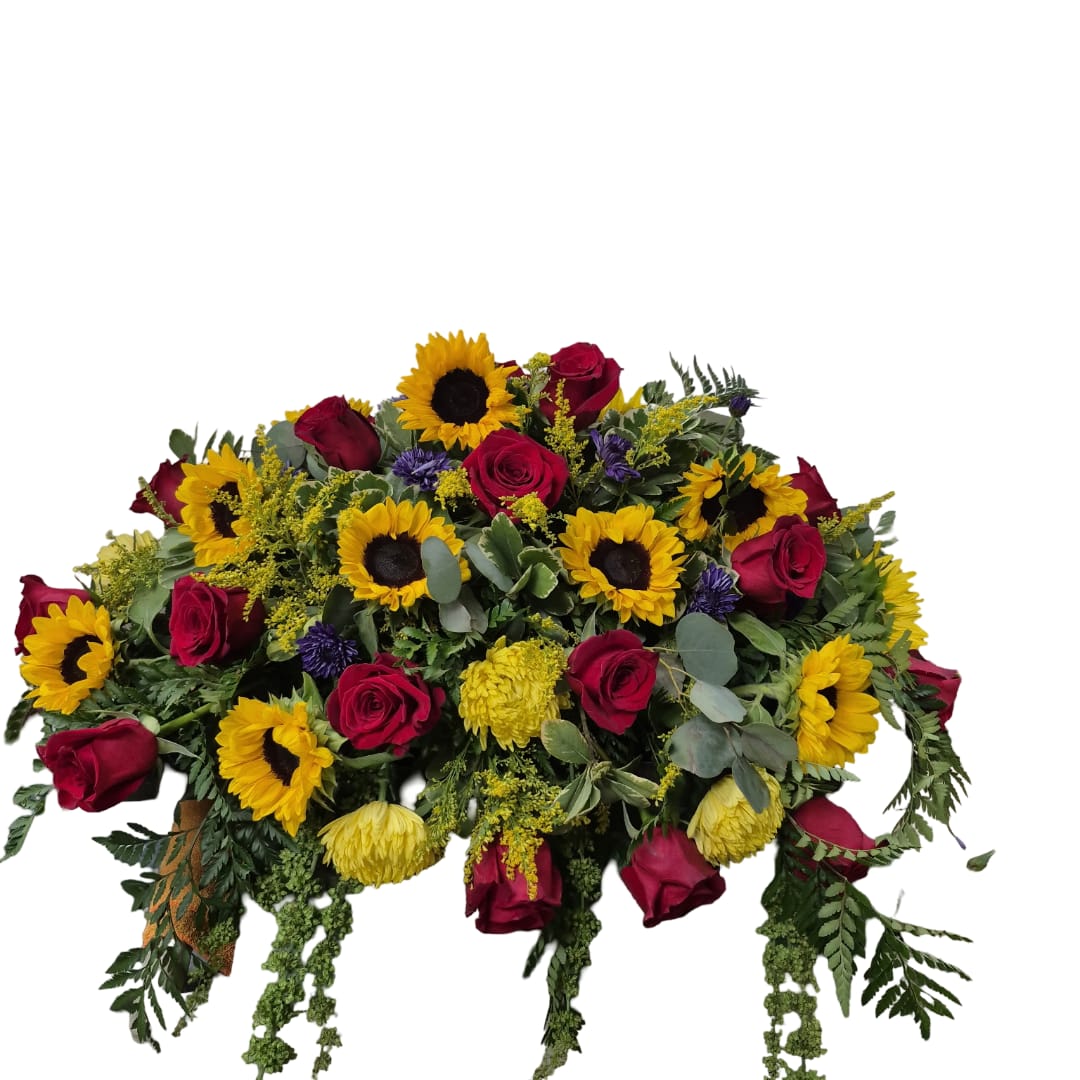 Bouquet of red roses and yellow sunflowers on a white background