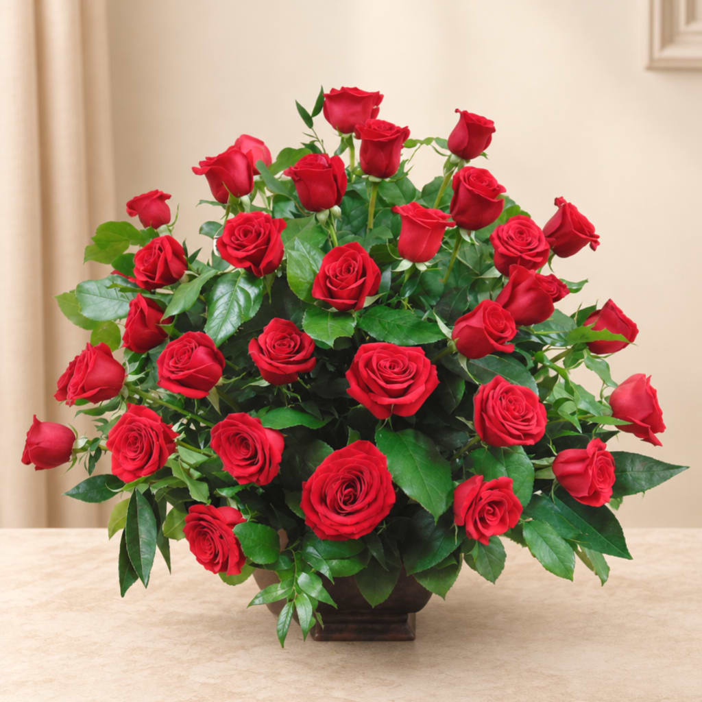 Red rose arrangement in a dark vase on a table