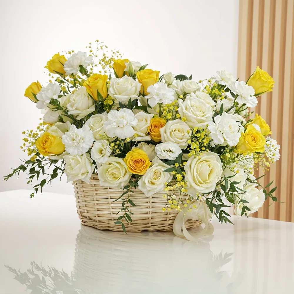 Yellow and white roses arranged in a wicker basket
