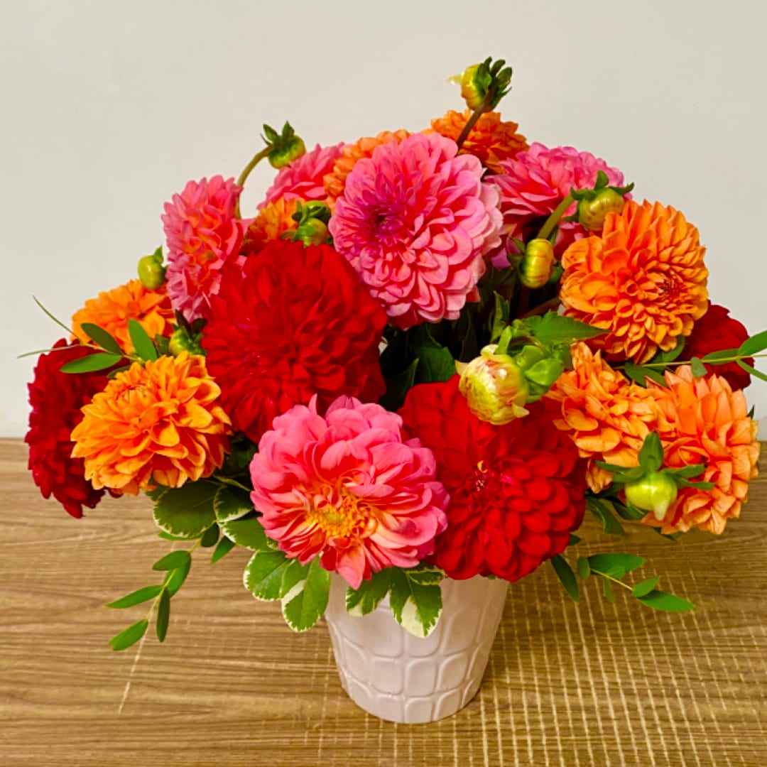 Bright mixed dahlia bouquet in a white vase