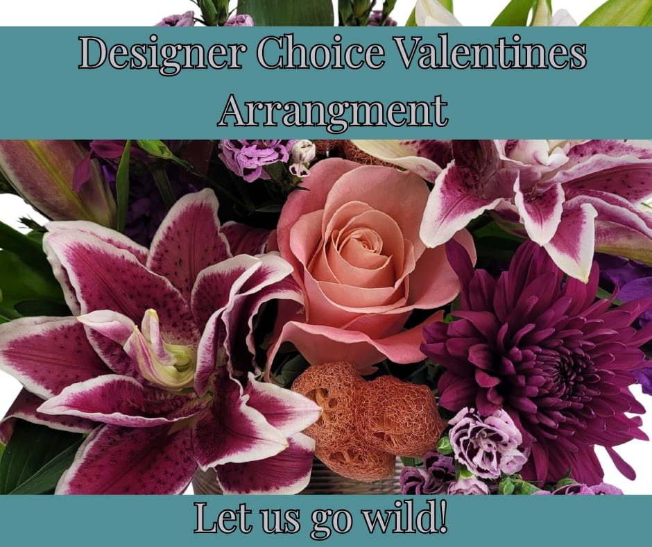 Mixed bouquet with pink rose, purple lilies, and a purple chrysanthemum