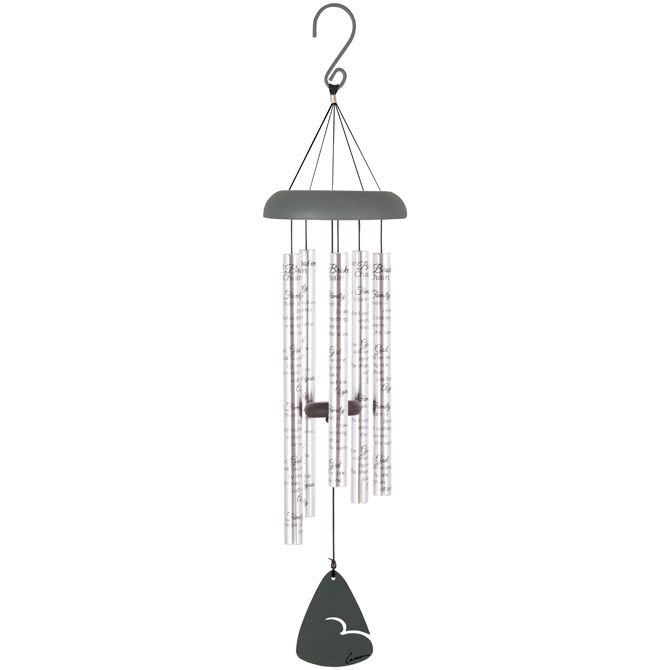 Family Chain Wind Chime - 30"L sonnet chimes have 5 heavy walled, center pinned tubes that emit deep tones. All aluminum construction, durable powder coated and anodized finish, and strung with industrial cord. Each chime has an adjustable striker. Tubes are 7/8" diameter, sentiment is printed directly onto the tubes.  Chime Tubes Read: "Our family chain is broken and nothing seems the same… But as God calls us one by one the chain will link again."  