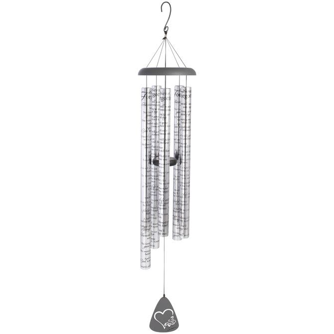 Hanging metal wind chime with printed silver tubes and a heart-shaped clapper