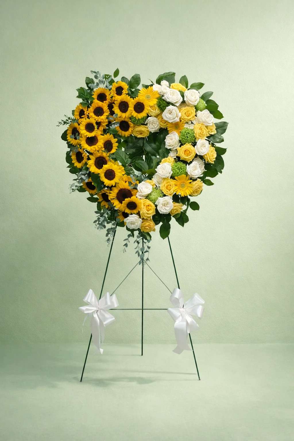 Heart-shaped sunflower and rose standing arrangement on an easel