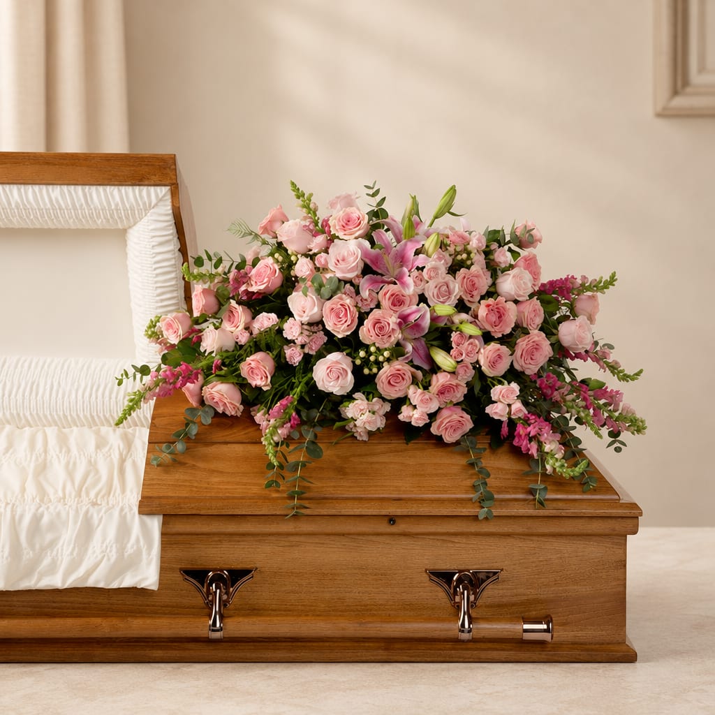 Pink rose and lily casket spray on a wooden coffin