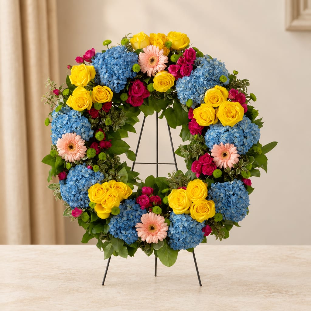 Colorful floral wreath on a black stand with roses, hydrangeas, and gerbera daisies