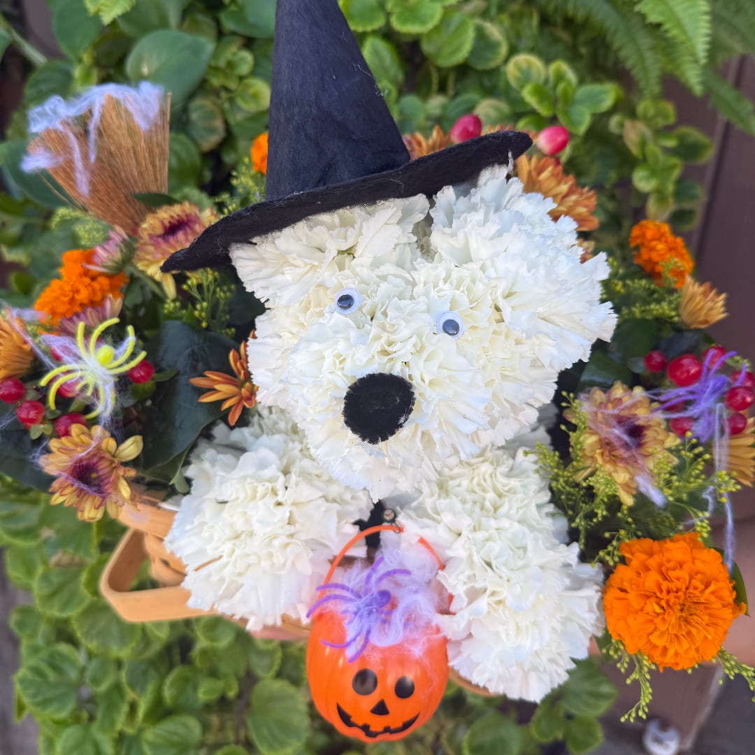 White floral dog arrangement with a black witch hat and pumpkin ornament