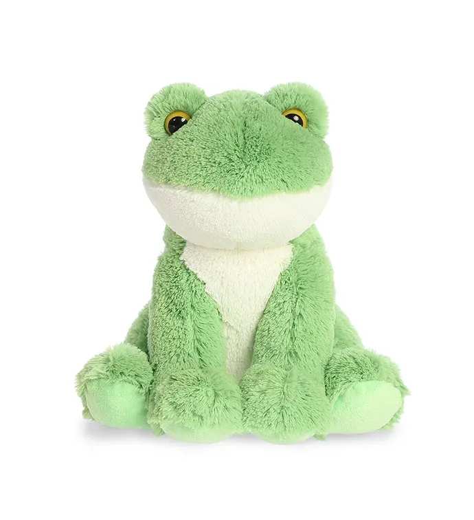 Soft green plush frog toy sitting upright on a white background